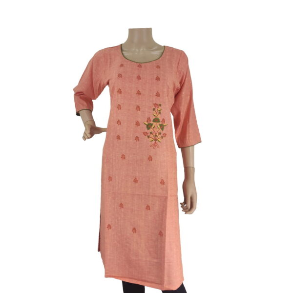 Peach Cotton Kurti With Floral Handwork Bk#108