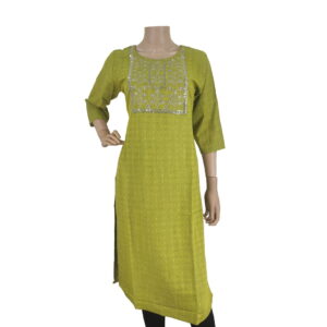 Light Mehendi Cotton Kurti with Full Neckwork BK#111