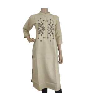 Cream Mandarin collar Kurti with front Floral Design IF#119