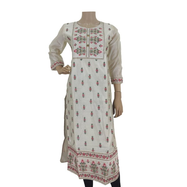 Off-White Silk Cotton Long Kurti With Embroidery Work Bk#130