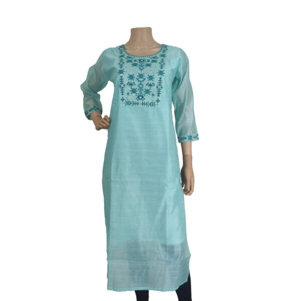 Aqua Blue Synthetic Silk With Embroidery Neckwork Bk#136