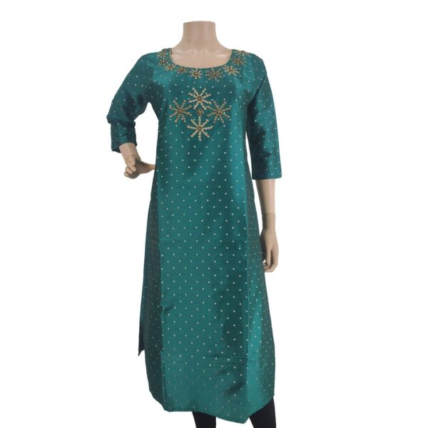 Peacock Green Silk Cotton Kurti With Neckwork Bk#141