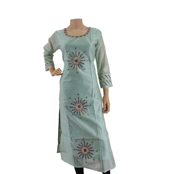 Aqua Green Synthetic Silk Kurti With Neckwork Bk#142