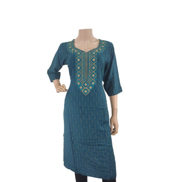 Peacock Green Cotton Kurti With Neck Embroidery Work Bk#149