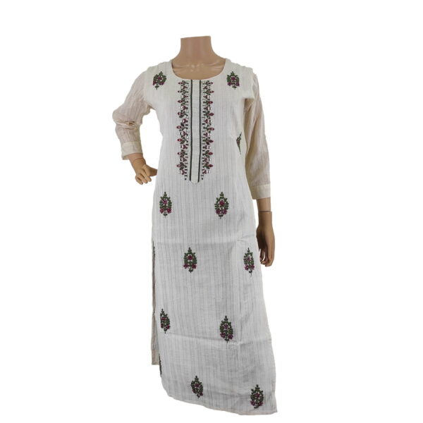 White Striped Cotton Kurti With Glass Neckwork Bk#152