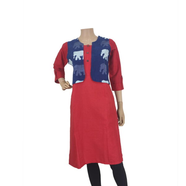 Red Kurti With Printed Navy Blue Short Jacket Pk#169