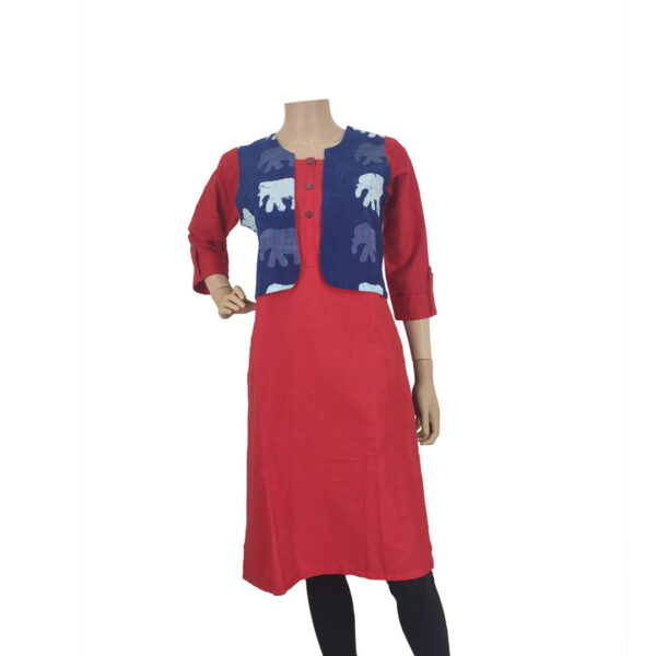 Red Kurti with Printed Navy Blue Short Jacket PK#169