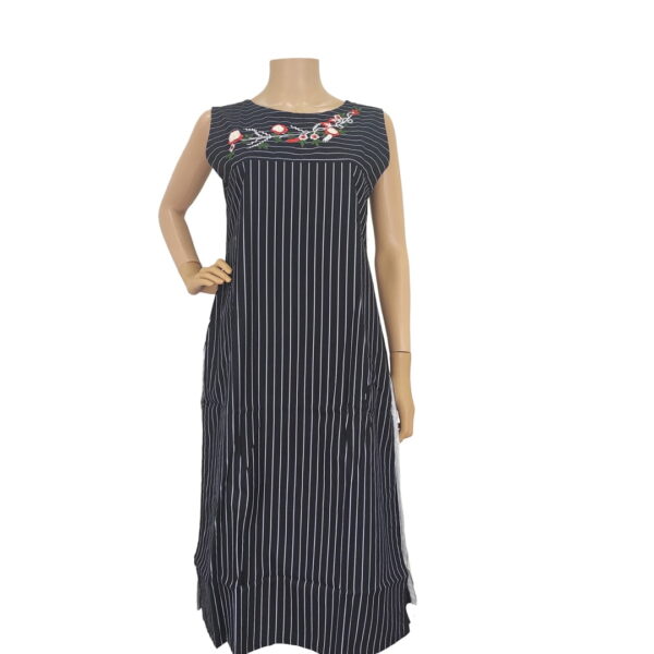 Black Striped Kurti With Floral Embroidery Neckwork Pk#170