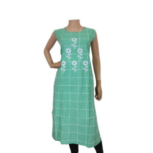 Light Ocean Green Checkered Kurti with Embroidery work PK#203