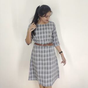 Grey checkered One Piece with brown belt #22007