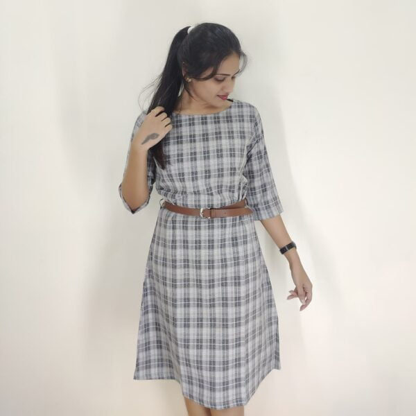 Grey Checkered One Piece With Brown Belt #22007