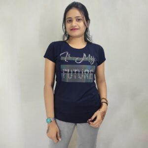 Navy Blue Printed Tshirt for Women #3642-navy